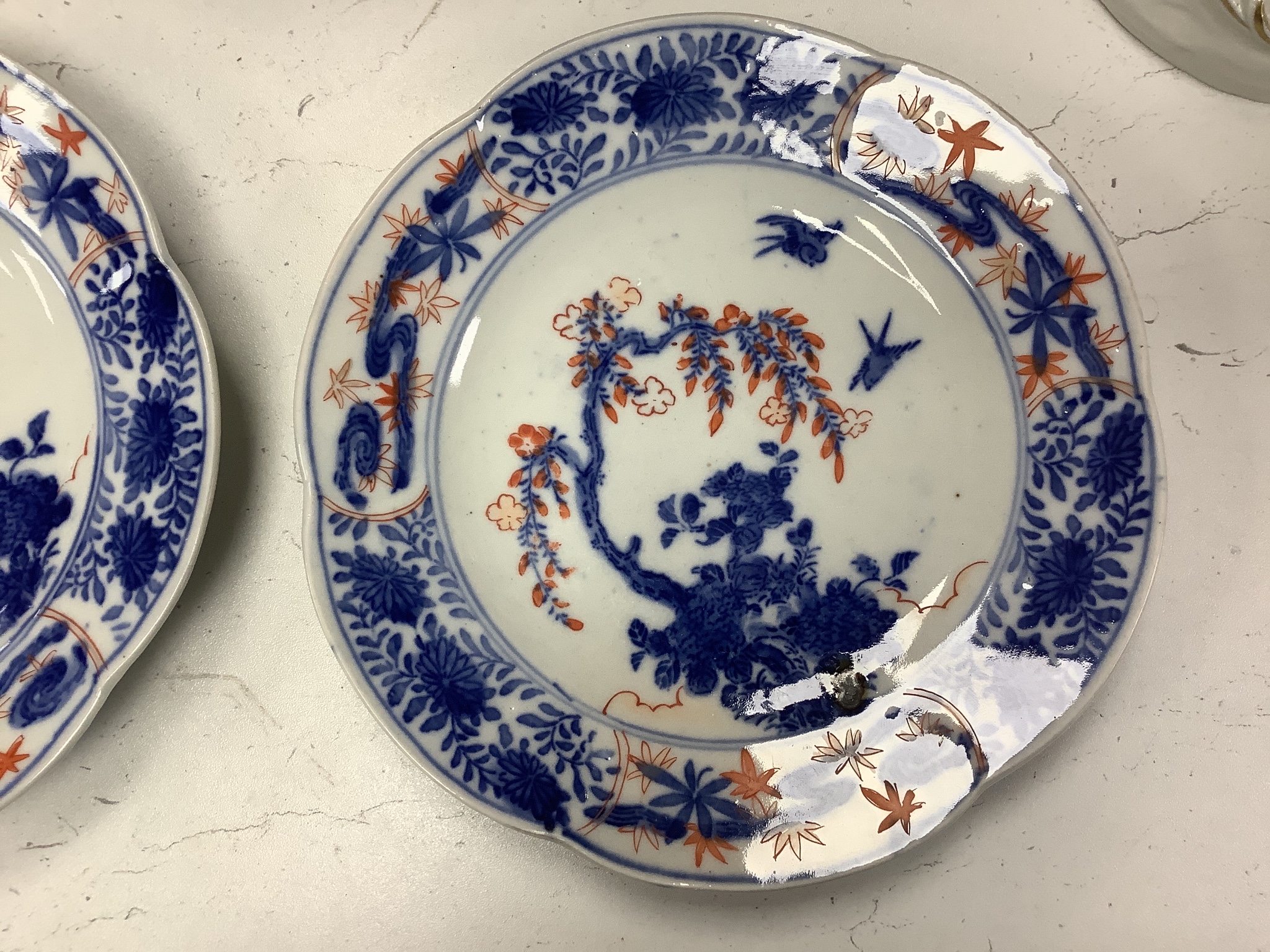 Three 18th century Chinese Imari plates and two 19th century Japanese Imari plates